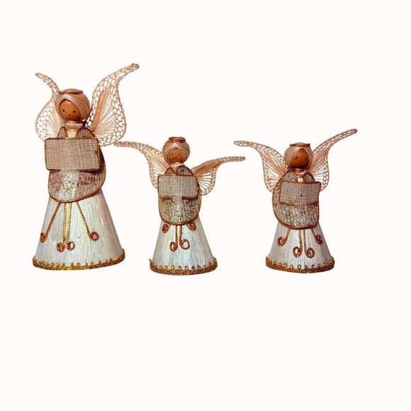 Folk Art Straw Angel Choir Figurines Set Vintage Raffia Christmas Angels Decor - Picture 10 of 11